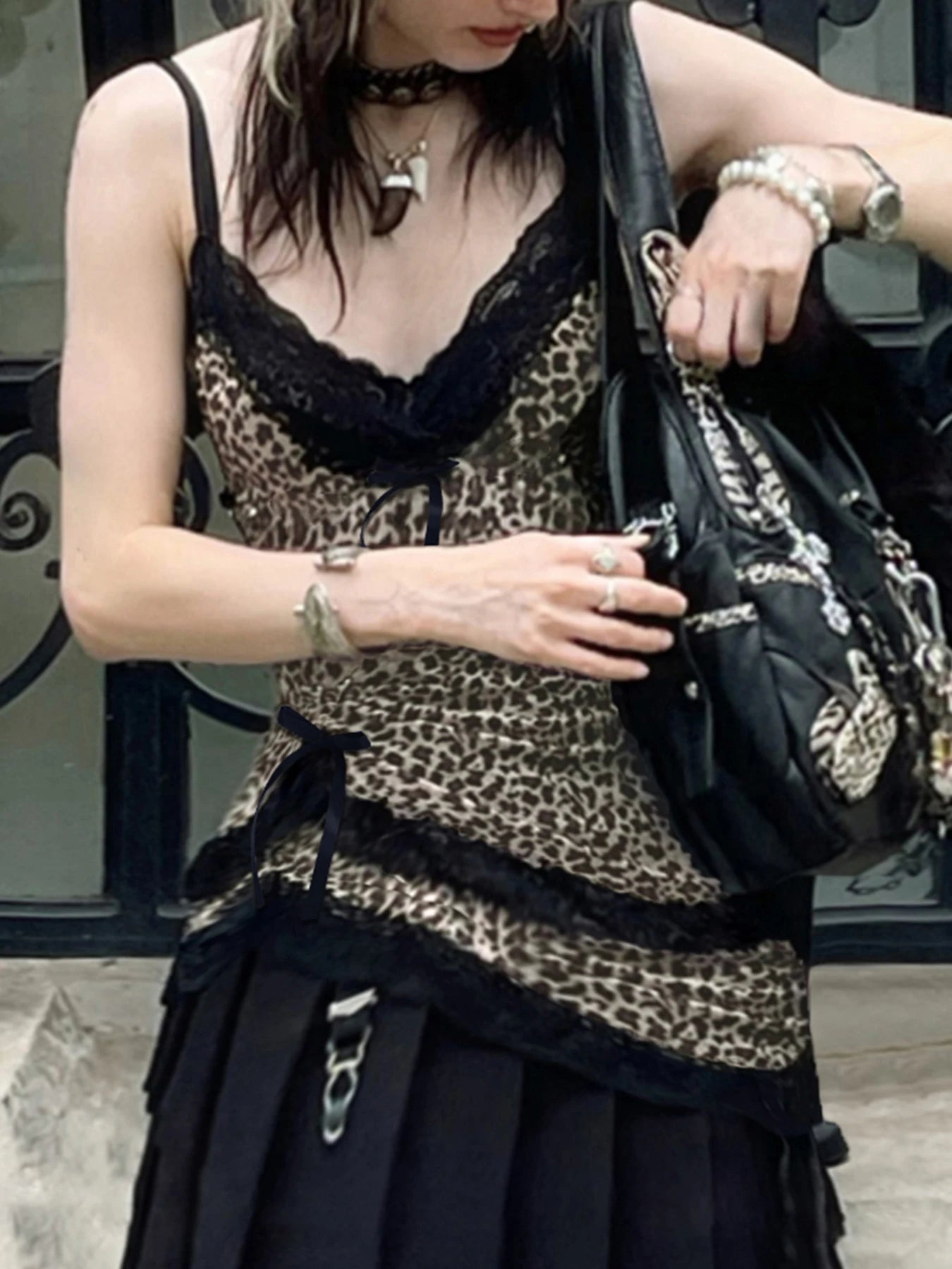 fashionLace Patchwork Y2K Camisole Leopard Print Y2K Backless Sexy Cute Tops V-neck Sleeveless Fairycore 2000s Clothes