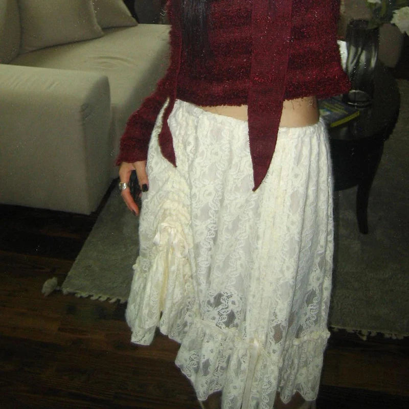 fashion Vintage Shirring Long Skirts Y2K Aesthetic Chic Knee-Length Outfits Streetwear Casual Solid Lace Fashion Bottoms