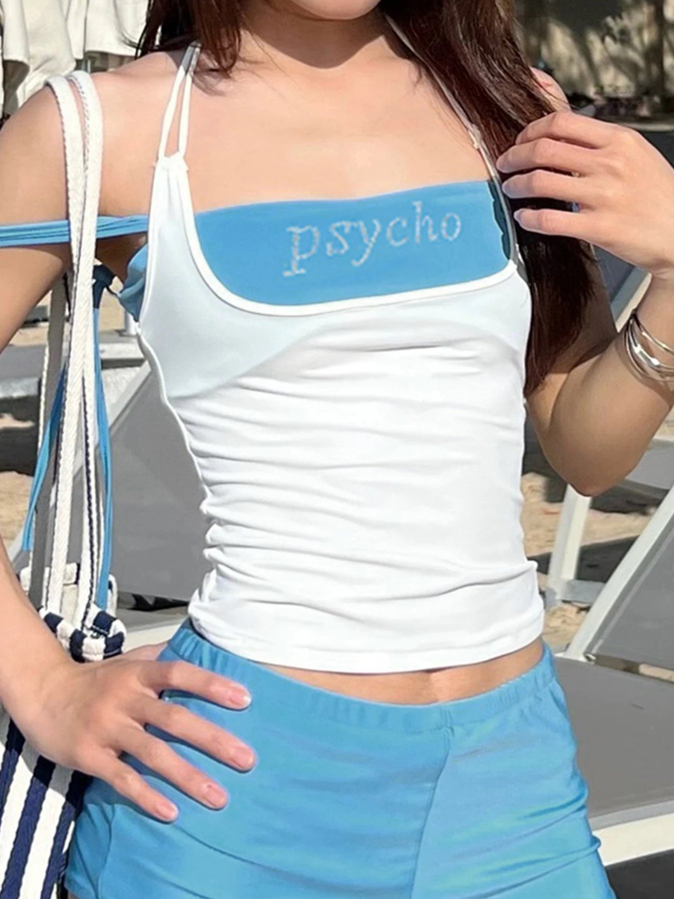 fashionColor Contrast Sexy Slim Two Pieces Top Letter Diamond Lace-up Casual Streetwear Clothes Halter Backless Outfits