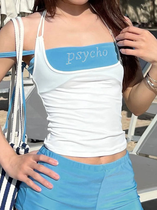 fashionColor Contrast Sexy Slim Two Pieces Top Letter Diamond Lace-up Casual Streetwear Clothes Halter Backless Outfits