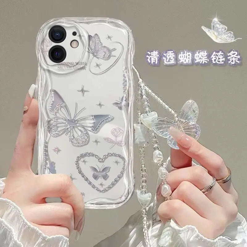 Korean Butterfly Lanyard Case For Huawei Honor 90 Lite 20 50 SE Nova 5T 11 7 9 10 P30 P40 Mate 30 40 Pro Hang Chain Clear Cover