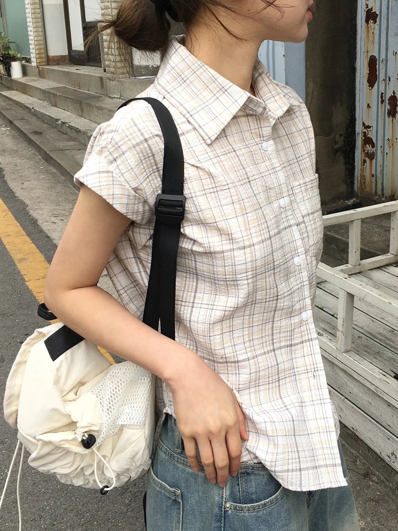 fashion Basic Plaid Print All-match Blouses Casual Retro Vintage Streetwear 90s Tops Baggy Button Fashion Lapel Clothings