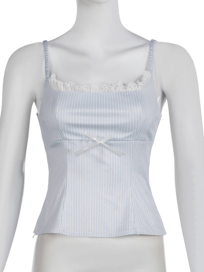 fashion Lace Patchwork Slim Stripe Camisole Sexy Chic Sweet Sweetwear Bodycon Bustiers All-match Vintage Y2k Tops