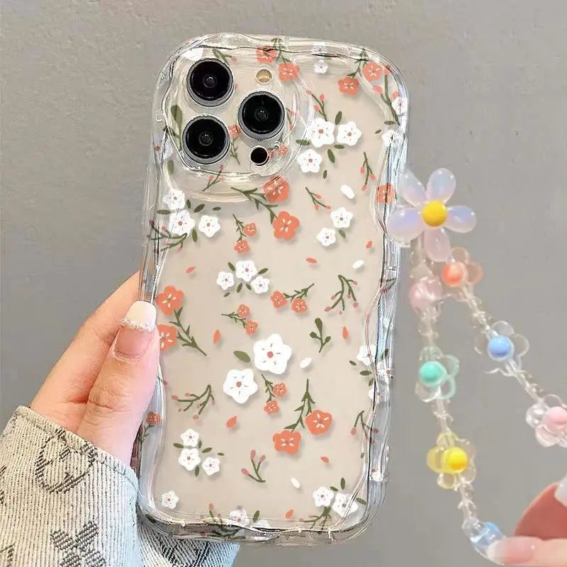 3D Flower Chain Lanyard Phone Case For Redmi Note 13 Pro Plus 5G 13C 4G Soft Wavy Edge Oil Painting Flowers Protective Cover