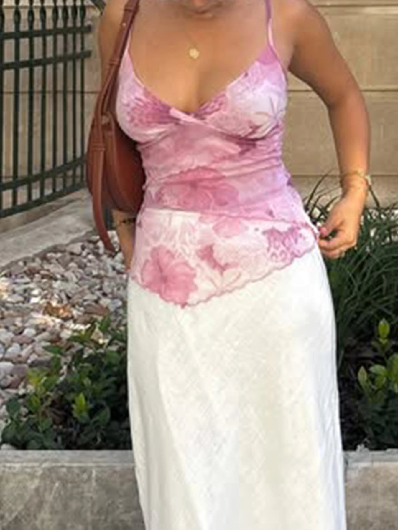 fashion Floral Print   Deep V-neck Camisole Backless Basic Streetwear 90s Slim Crop Tank Top Fashion Casual  Retro Vest