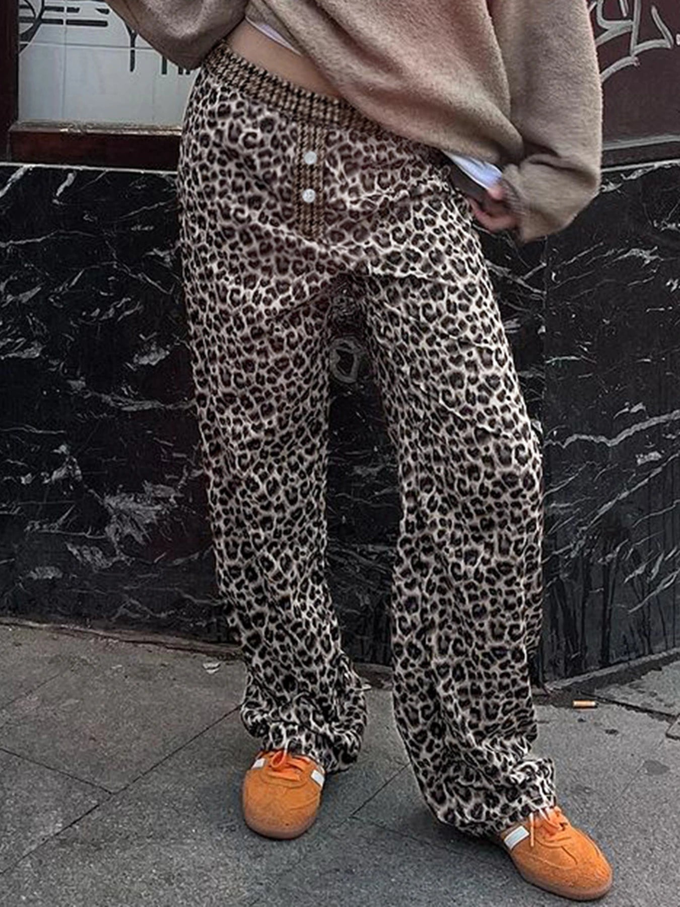 fashion Leopard Print Patchwork Straight Pants Elastic Waist Fashion Harajuku Trousers Aesthetic 2000s Casual Baggy Bottom