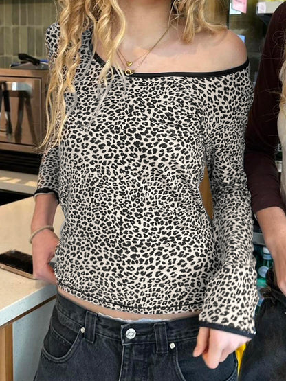fashion Y2K Vintage Leopard Print Tee Shirts Long Sleeves Crewneck Aesthetic Cute Clothes Casual Basic Harajuku 90s Outfit