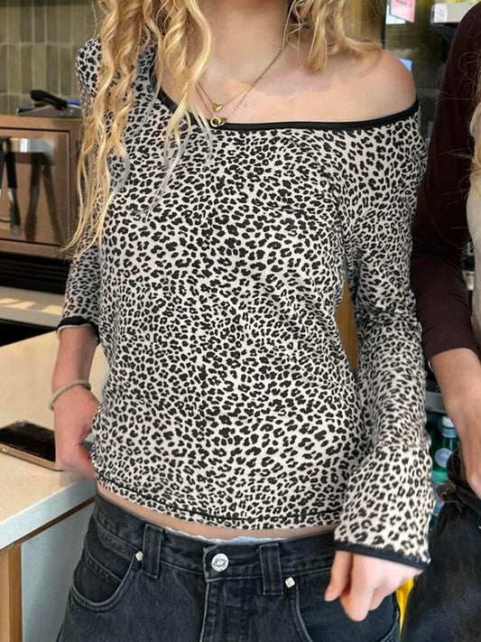 fashion Y2K Vintage Leopard Print Tee Shirts Long Sleeves Crewneck Aesthetic Cute Clothes Casual Basic Harajuku 90s Outfit