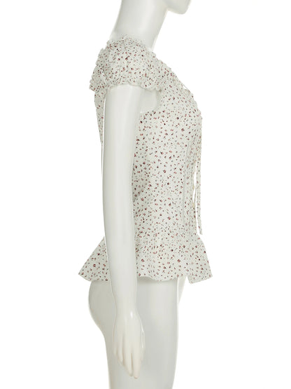 fashionFloral Print French Lace-up Fold Shirt Sexy Slim Classic Fashion Streetwear All-match Top Button Chic 90s Clothes
