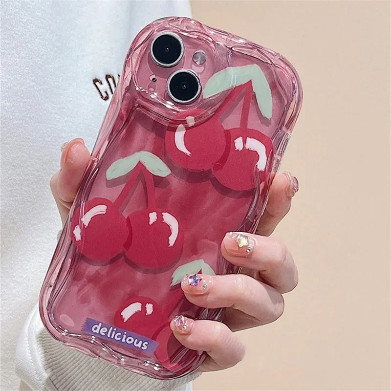 Flower Love Heart Cherry Phone Case For IPhone 16 15 Pro Max 14 11 13 12 Mini XR 8 7 Plus X XS SE 2020 2022 Soft Wavy Edge Cover