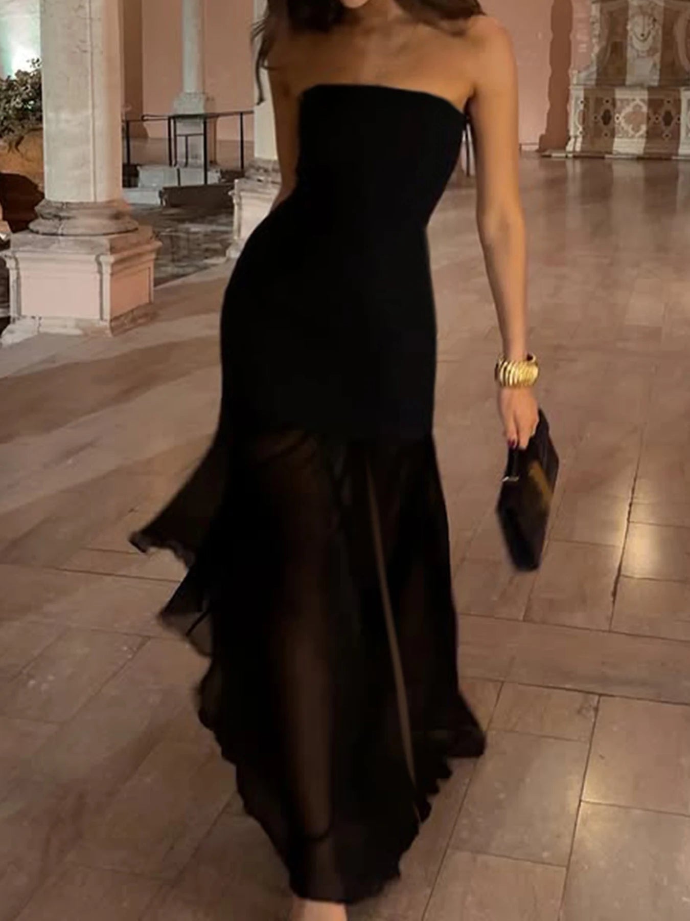 fashionSexy Hot Strapless Basic Mesh Dresses for Women Backless Split Elegant Evening Dress Casual Floor-length Dress