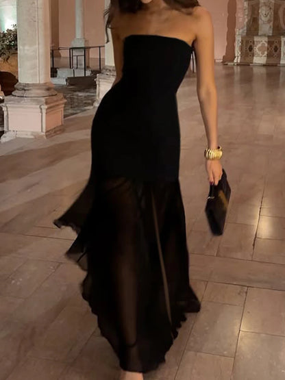 fashionSexy Hot Strapless Basic Mesh Dresses for Women Backless Split Elegant Evening Dress Casual Floor-length Dress