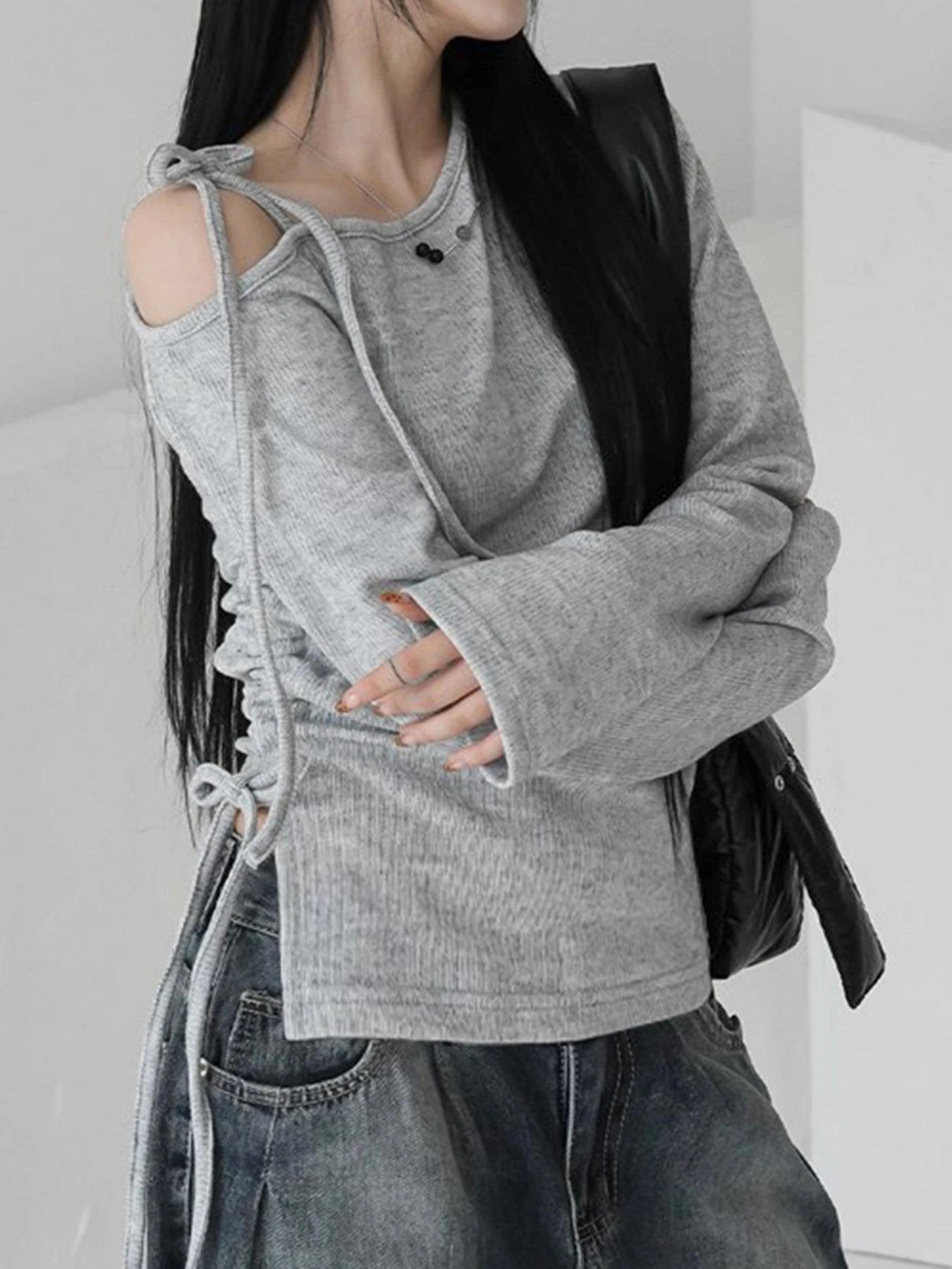 fashionSkew Collar Solid Loose T-shirt Basic Vintage Streetwear Korea Casual Fashion Clothings Elastic 90s Elegant Tops