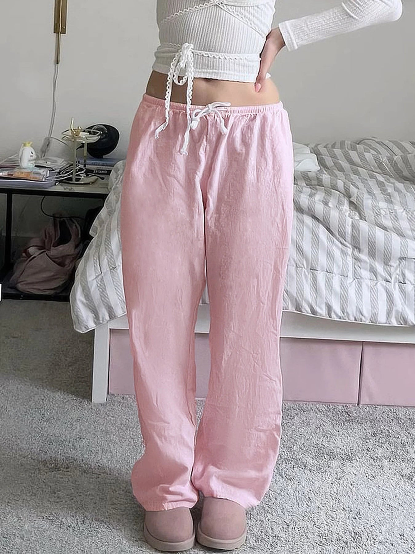 fashionCasual Solid All-match Drawstring Pants Chic Streetwear Korea Slim Straight Sweet Trousers Pink Basic Y2k Bottoms