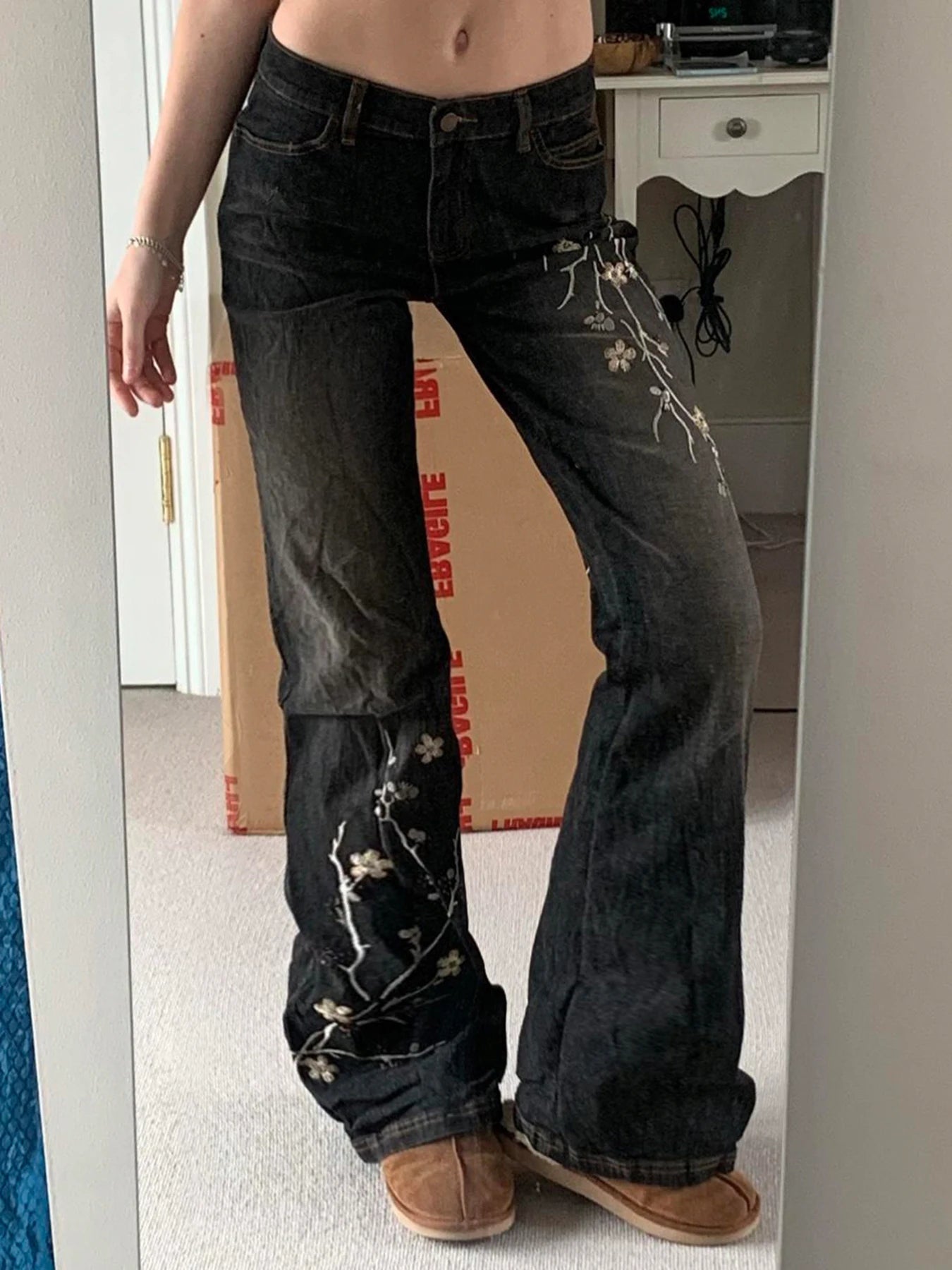 fashion Plant Embroidery Slim Denim Flared Pants Fashion Vintage Chic Retro Sexy Classic Bottoms Solid Streetwear Jeans