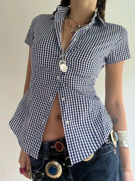 fashionPlaid Print Y2K Blouses for Women Button Up Chic Short Sleeves Outfits Tuurn-down Neck Vintage Aesthetic 2000s Top