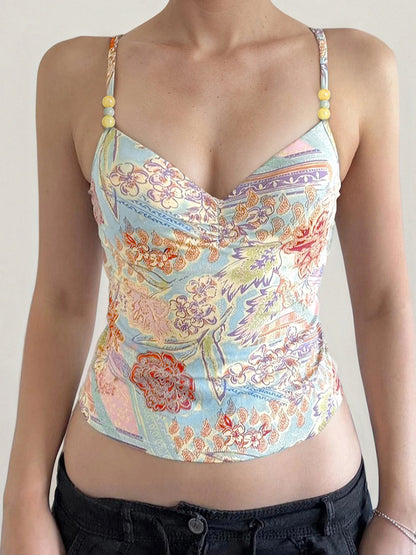 fashionFloral Print Sexy Chic Camisole Beads Vintage Streetwear Slim Backless Elastic Top Summer Hottie Aesthetic Bustier