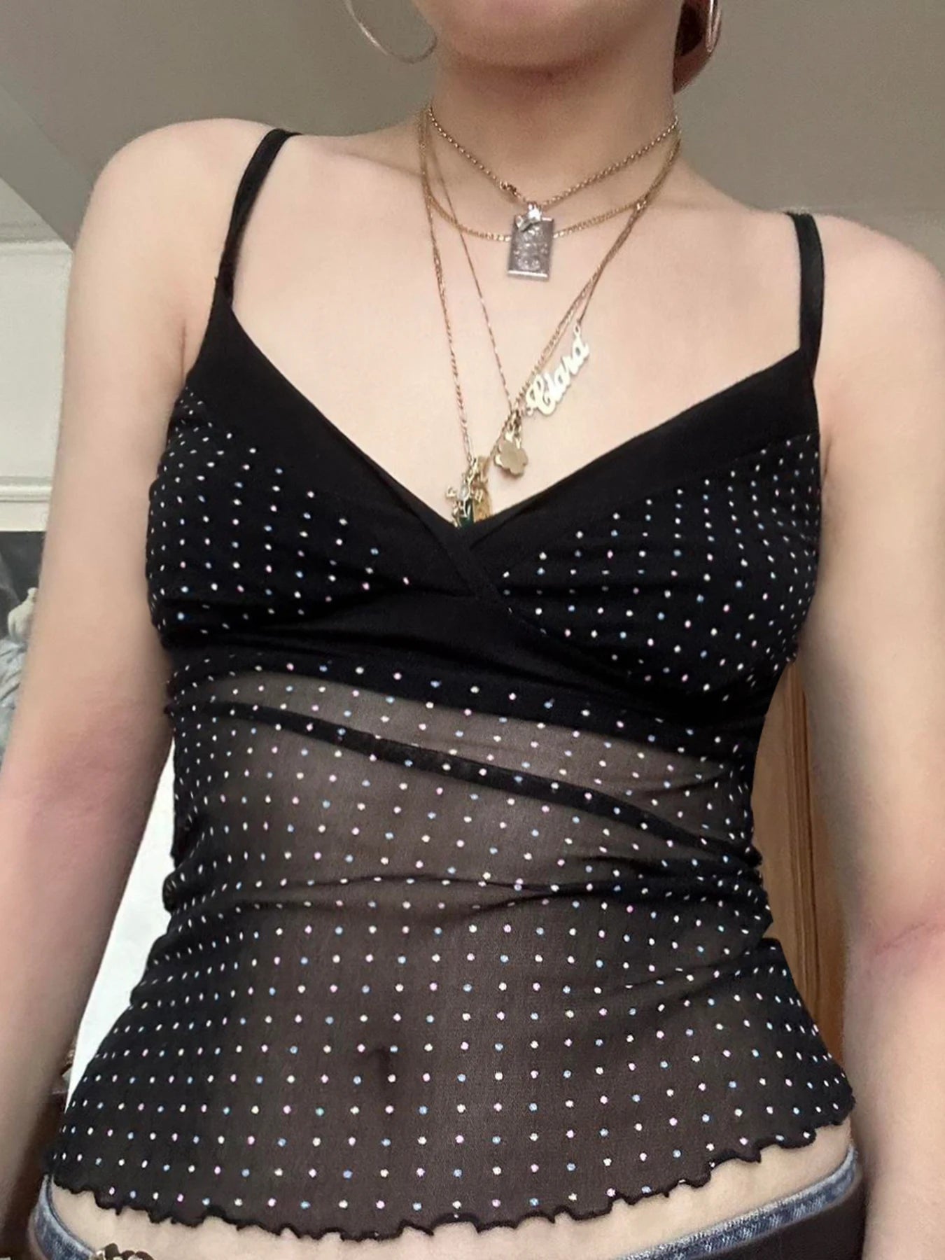 fashion Sexy Dot Print Crop Bustiers V-neck Transparent Patchwork Sleeveless Camisole Backless Summer Cute   Outfits