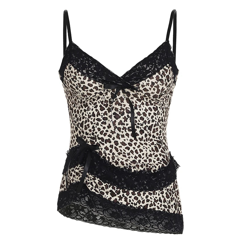 fashionLace Patchwork Y2K Camisole Leopard Print Y2K Backless Sexy Cute Tops V-neck Sleeveless Fairycore 2000s Clothes