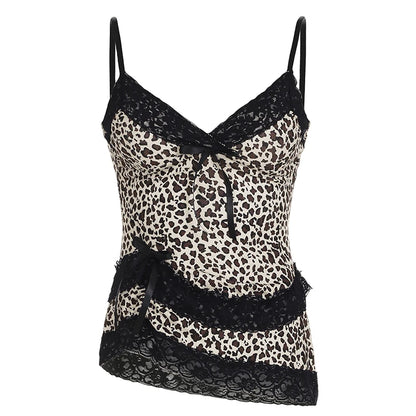 fashionLace Patchwork Y2K Camisole Leopard Print Y2K Backless Sexy Cute Tops V-neck Sleeveless Fairycore 2000s Clothes