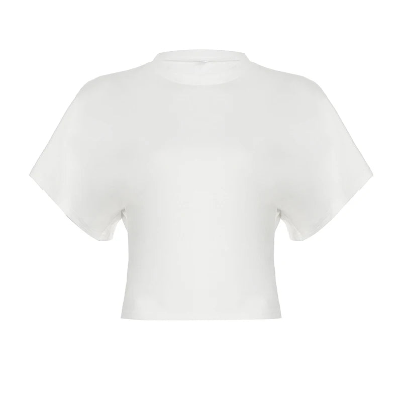 fashion Crewneck Solid Loose Crop Tops Slim All-match Basic Streetwear Shirt Chic Summer Elastic Vintage Bodycon Clothes