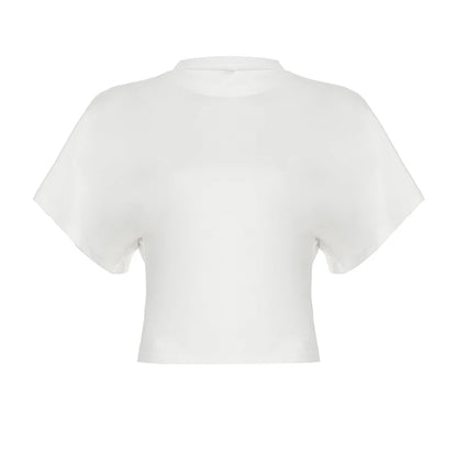 fashion Crewneck Solid Loose Crop Tops Slim All-match Basic Streetwear Shirt Chic Summer Elastic Vintage Bodycon Clothes