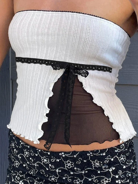 fashion Lace Patchwork Mesh Bow Lace-up Camisole Sleeveless Summer Sexy Slim Chic Cropped Tops Vintage Elastic Clothings