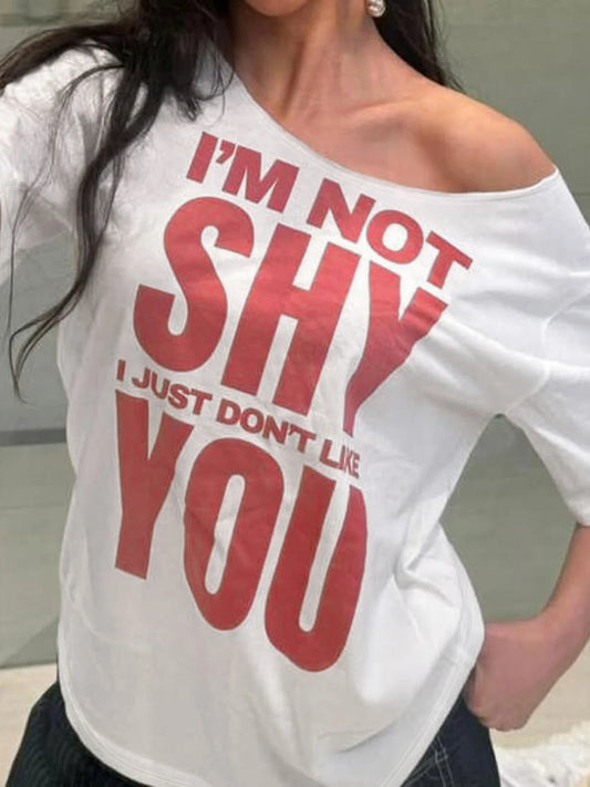 fashionLetter Print American Style Sexy Tops Off Shoulder Loose Fashion Casual Clothings Baggy Basic All-match Outfits