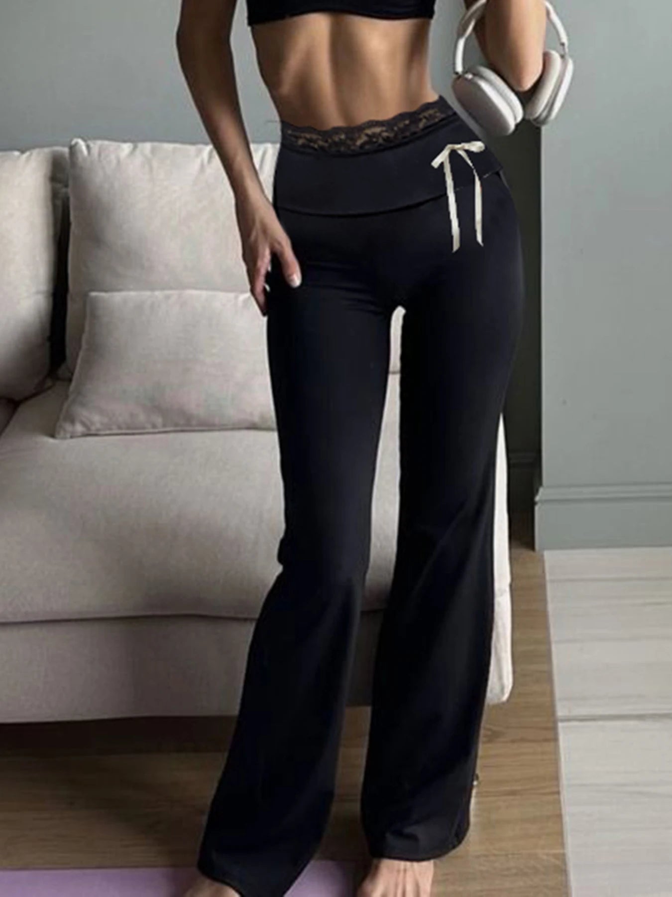 fashionLace Patchwork Bow Straight Pants Y2K Fashion Aesthetic Cute Trousers Harajuku Streetwear Joggers 2000s Bottoms