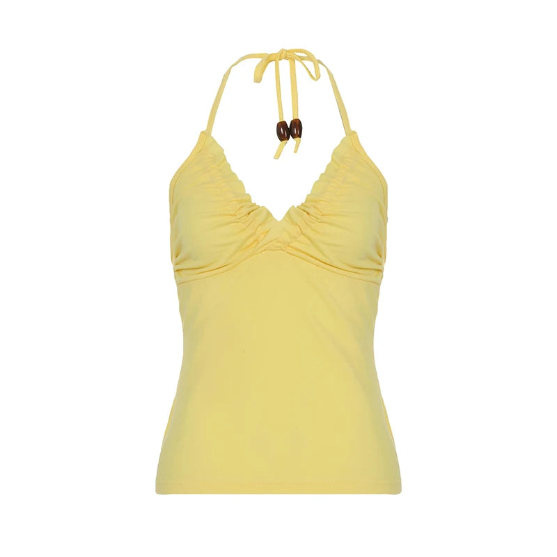 fashion Y2K Halter Neck Camisole Sexy Backless Ruched 2000s Slim Women's Outfits Summer Sleeveless Harajuku Cute Clothes