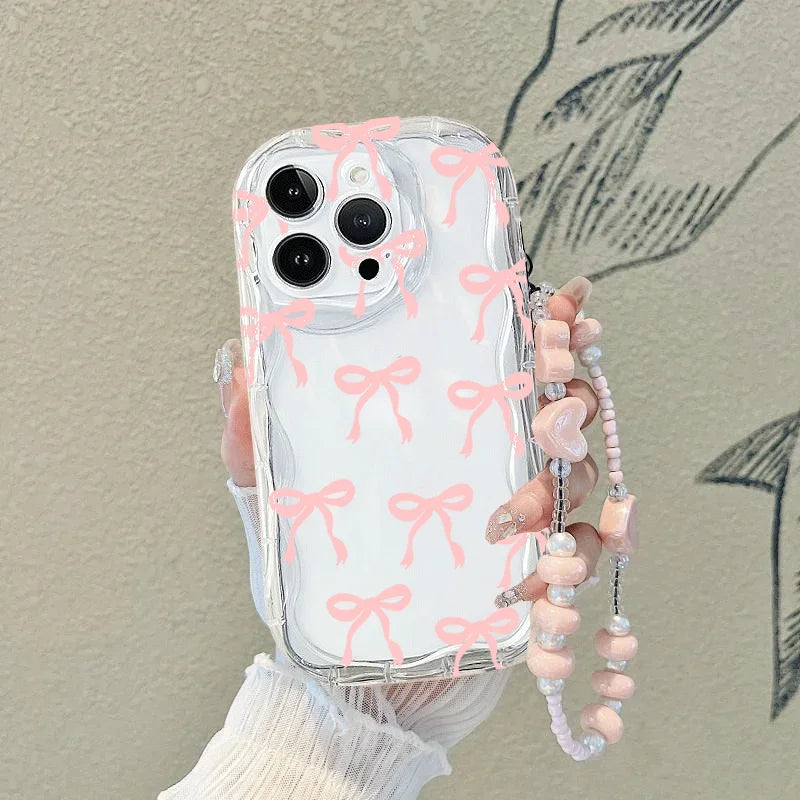 Cute Bow Chain Hanging Rope Case For Xiaomi Redmi Note 14 12 13 Pro Plus 12S 11 10S 11S 10 Redmi A5 13C 14C 12C A3 Wavy Fundas