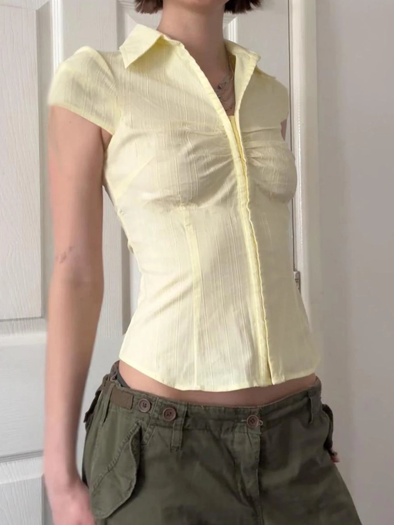 fashionHook V-neck Solid Fold Blouses Casual Streetwear Vintage 90s Short Sleeved Summer Tees Vintage Slim Sexy Tops