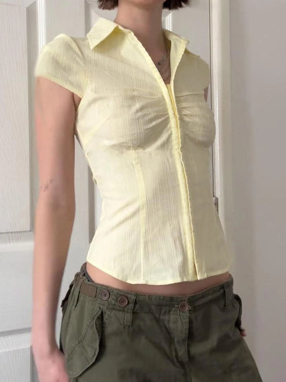 fashionHook V-neck Solid Fold Blouses Casual Streetwear Vintage 90s Short Sleeved Summer Tees Vintage Slim Sexy Tops