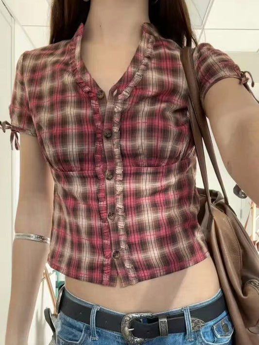 fashionFashion Plaid Print Bow Y2K Crop Tops Lace-up Basic Streetwear 90s Slim Botton Shirts Casual Harajuku Outfits