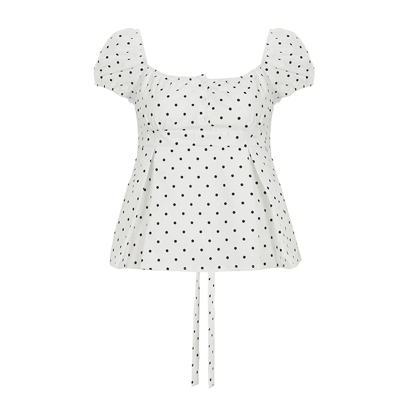 fashion Polka Dot Slim Buttom Casual Women's Clothing Square Collar Casual Chic Vintage Tops Streetwear Fold Basic T-shirt