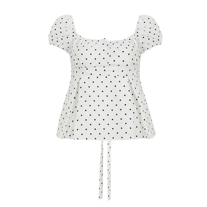 fashion Polka Dot Slim Buttom Casual Women's Clothing Square Collar Casual Chic Vintage Tops Streetwear Fold Basic T-shirt