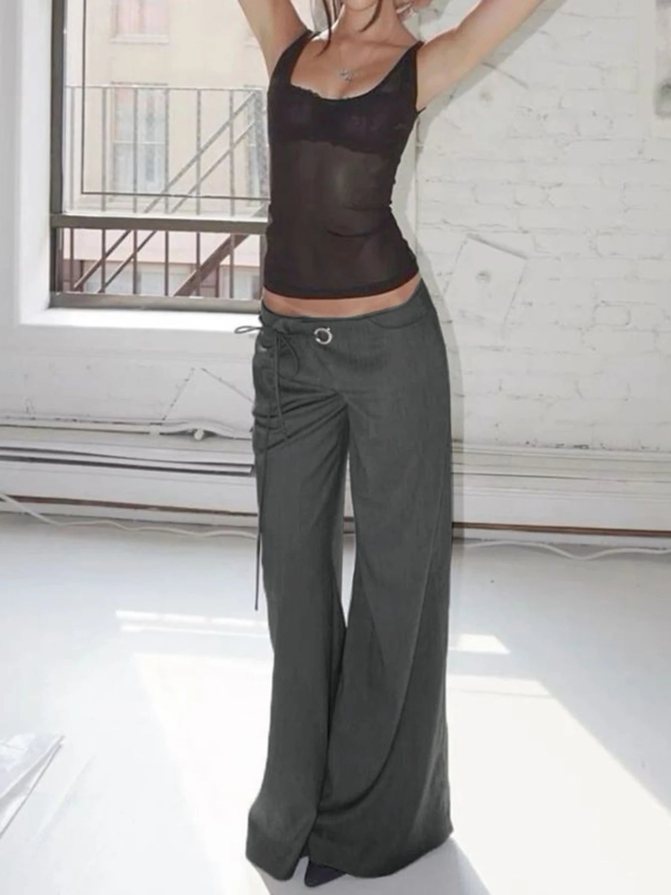 fashionLace Up Loose England Style Trousers Fashion Low Waisted Solid Pants Vintage Aesthetic Leisure Bottoms for Women