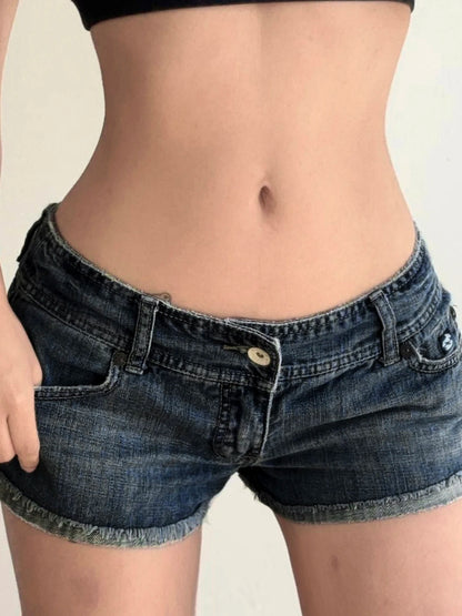 fashion Low Waisted Denim Hottie Shorts Blue Sexy Slim Chic Vintage Streetwear Clothes Retro Summer All-match Bottoms
