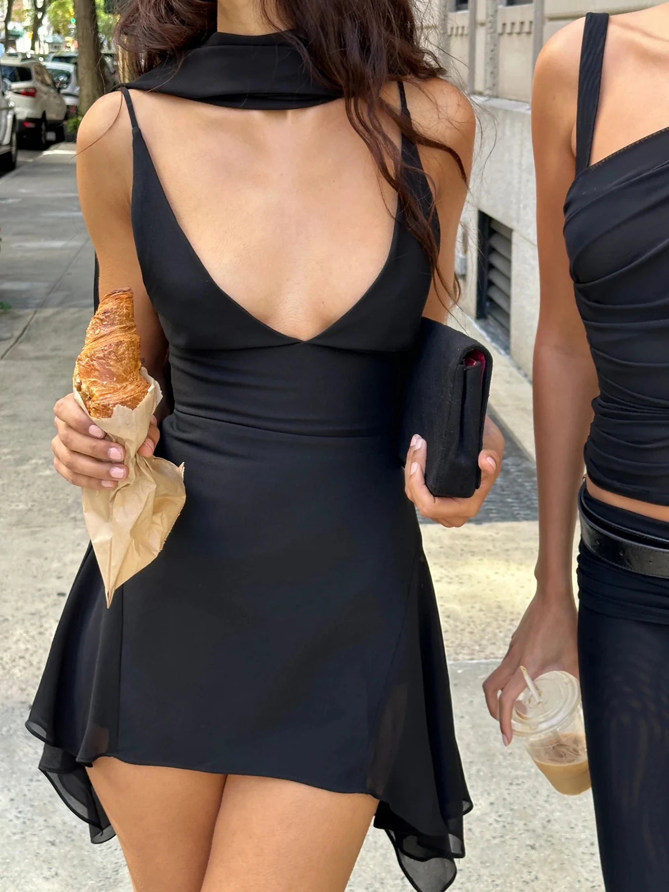 fashionIrregular A-line Vintage Solid Dress Halter Mesh Sleeveless V-neck Fashion Clothes Chic Streetwear Party Outfits