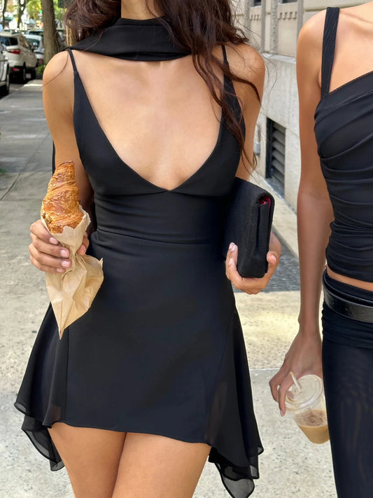 fashionIrregular A-line Vintage Solid Dress Halter Mesh Sleeveless V-neck Fashion Clothes Chic Streetwear Party Outfits