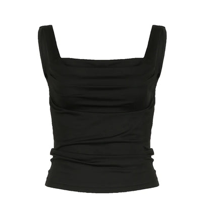 fashion Basic Sexy Women's Tank Top All-matck Solid Sleeveless Fashion Cute Crop Clothes Square Collar Slim Chic Folds Tee