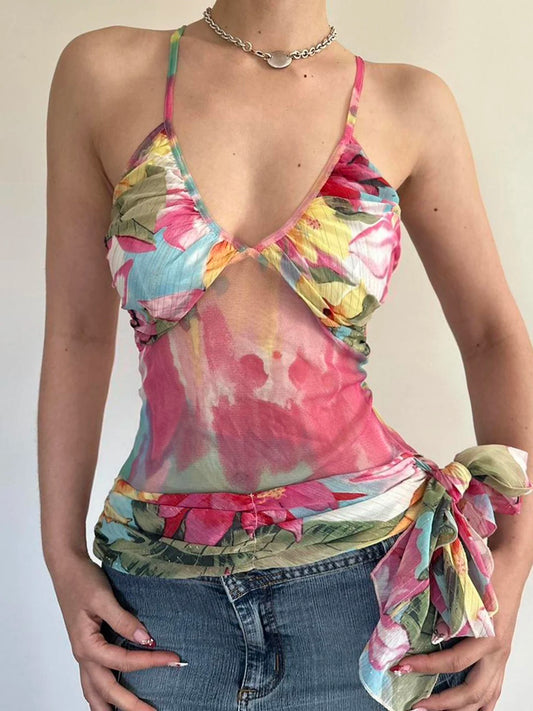 fashionVacation Colorful Floral Print Camisole V-neck Vintage Slim Sexy Chic Lace-up Streetwear Clothes Y2k Cropped Tops