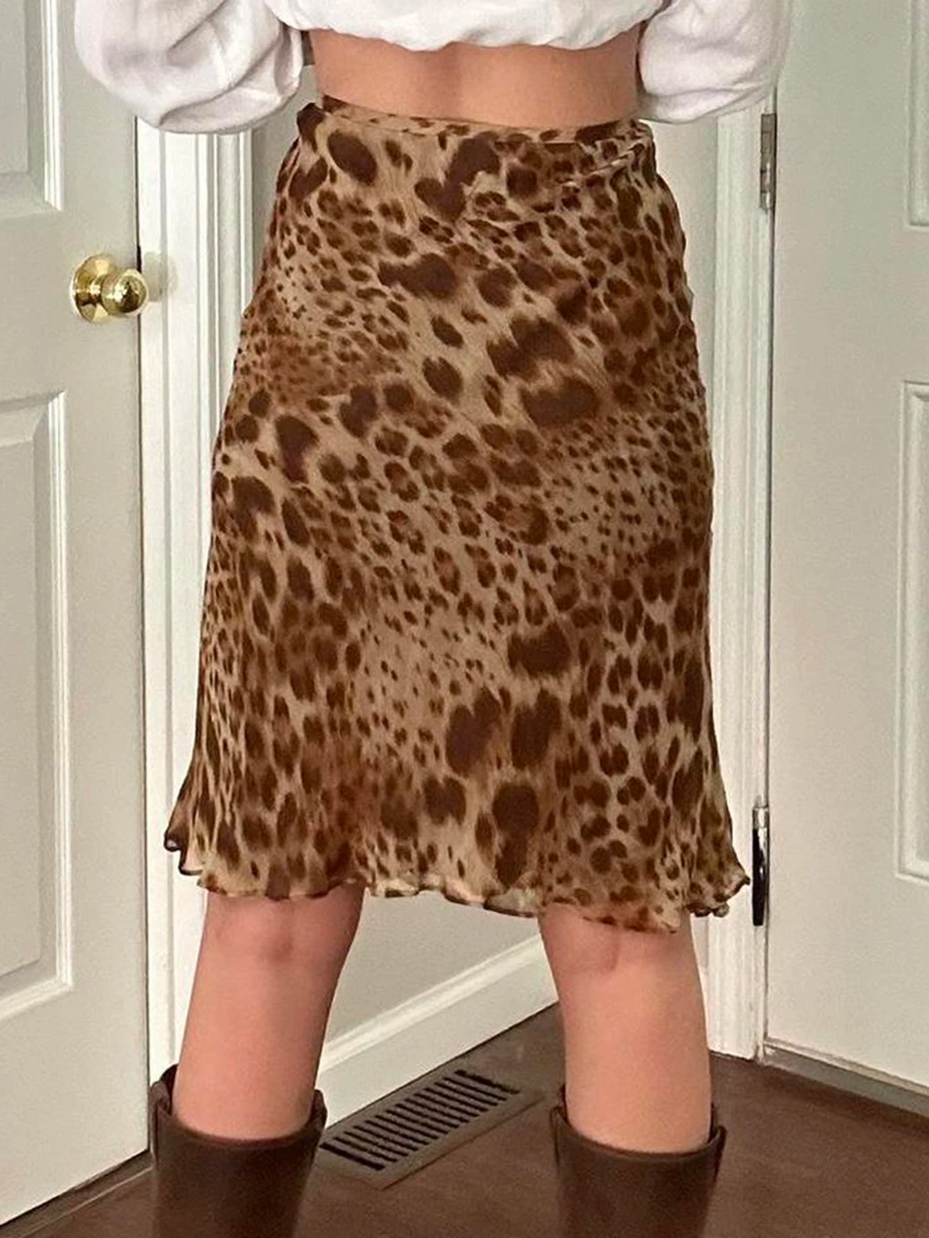 fashion Vintage Leopard Print Y2K Skirts Two-layers Aesthetic 90s Straight Bottoms Fashion Cute Elastic Waist Chic Skirts