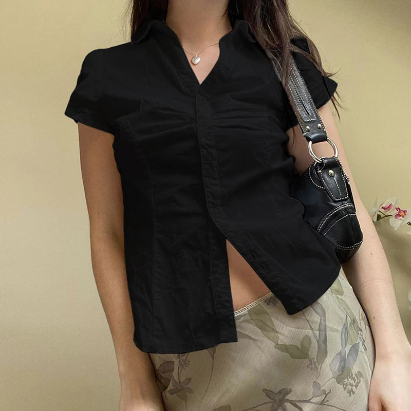 fashion Turn-Down Neck Solid Tee Shirts for Women Short Sleeves Aesthetic Y2K Tops Vintage Fashion Ruched Lace-up Clothes