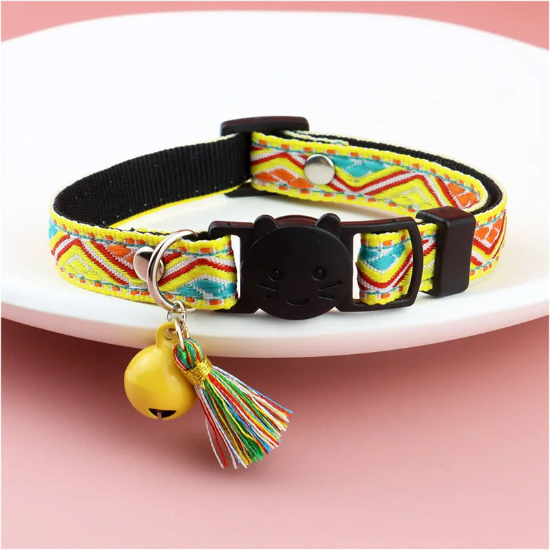 1pc Anti-suffocation Security Snap Cat Collar Jacquard Cat Necklace With Bell and Tassel Adjustable Puppy Collar Pet Accessories