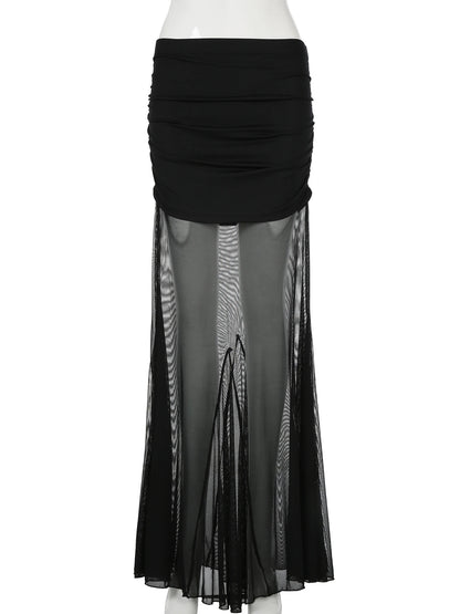 fashion Vintage Sexy Solid Mesh Skirts Low Waisted   Aesthetic Korean Outfits Clubwear Long Black Knitted Women's Bottom