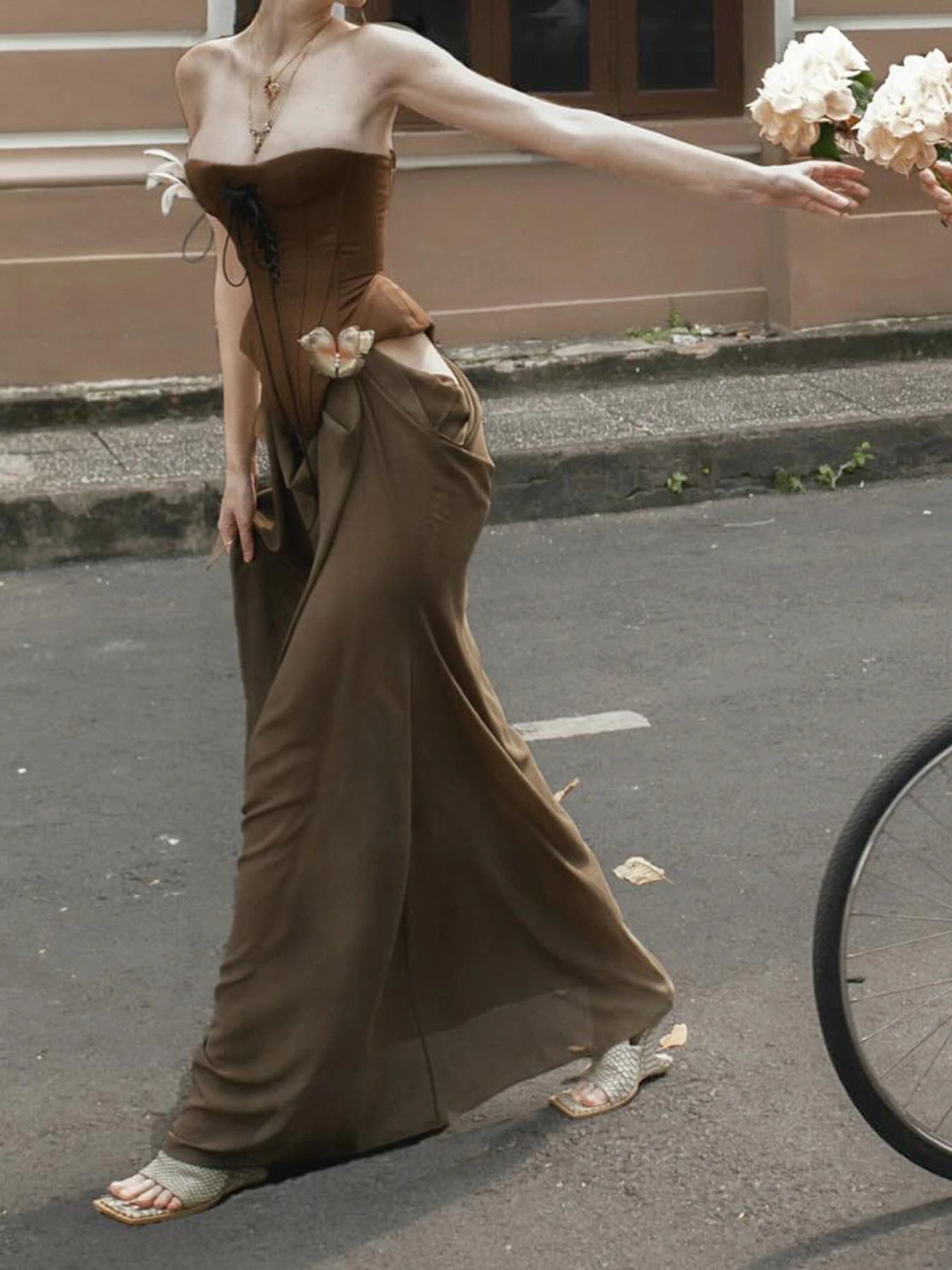 fashion Vacation Butterfly Decoration Slim Dress Sleeveless Corset Lower Hem Removable Retro Clothes Bodycon Chic Outfits