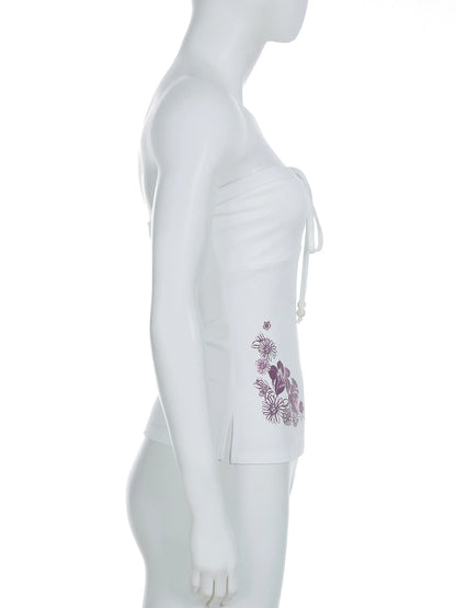 fashionSexy Bow Sleeveless Solid Camisole Floral Print White Summer Chic Vintage Strapless Top Slit Bodycon Women's Cloth