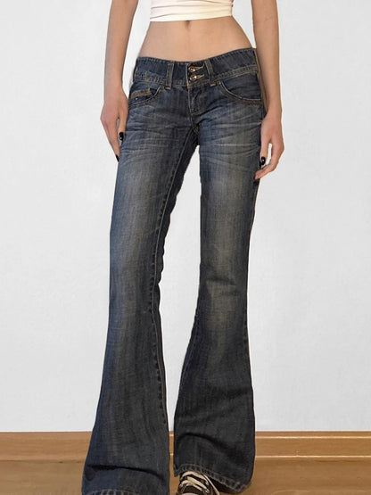 fashionFashion Low Waisted Washed Flared Jeans Button Harajuku Aesthetic Pants Streetwear Basic Slim Pockets Y2K Bottoms