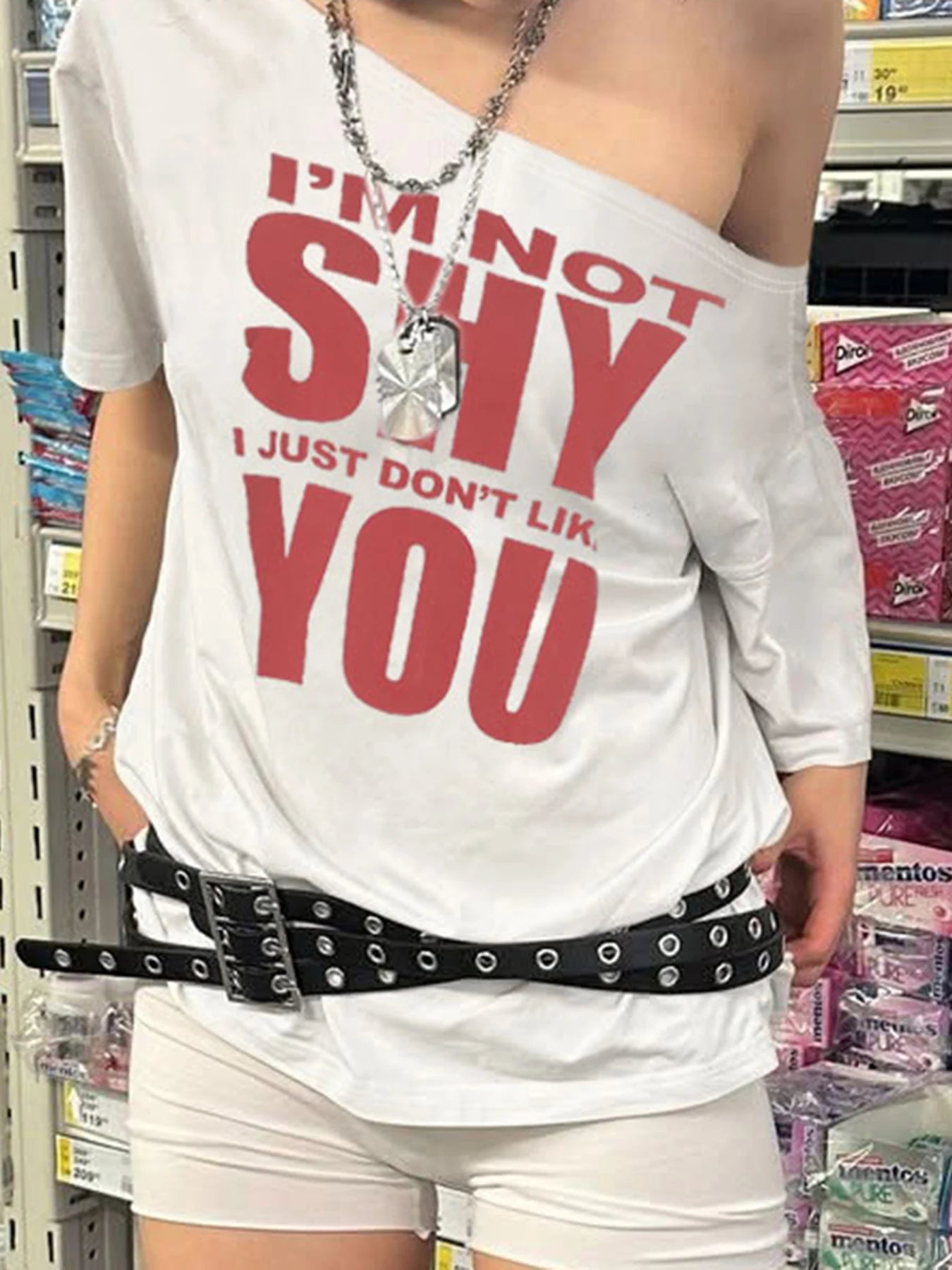 fashionLetter Print American Style Sexy Tops Off Shoulder Loose Fashion Casual Clothings Baggy Basic All-match Outfits